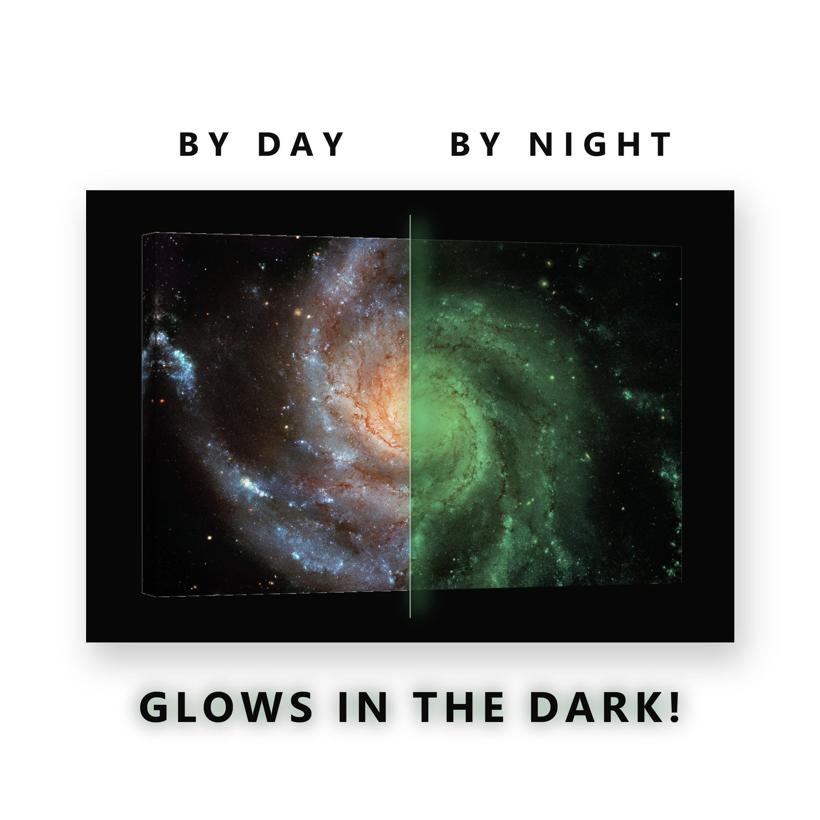 Pinwheel Spiral Galaxy Glow in the Dark Canvas Wall Art Home Office, glowing at night