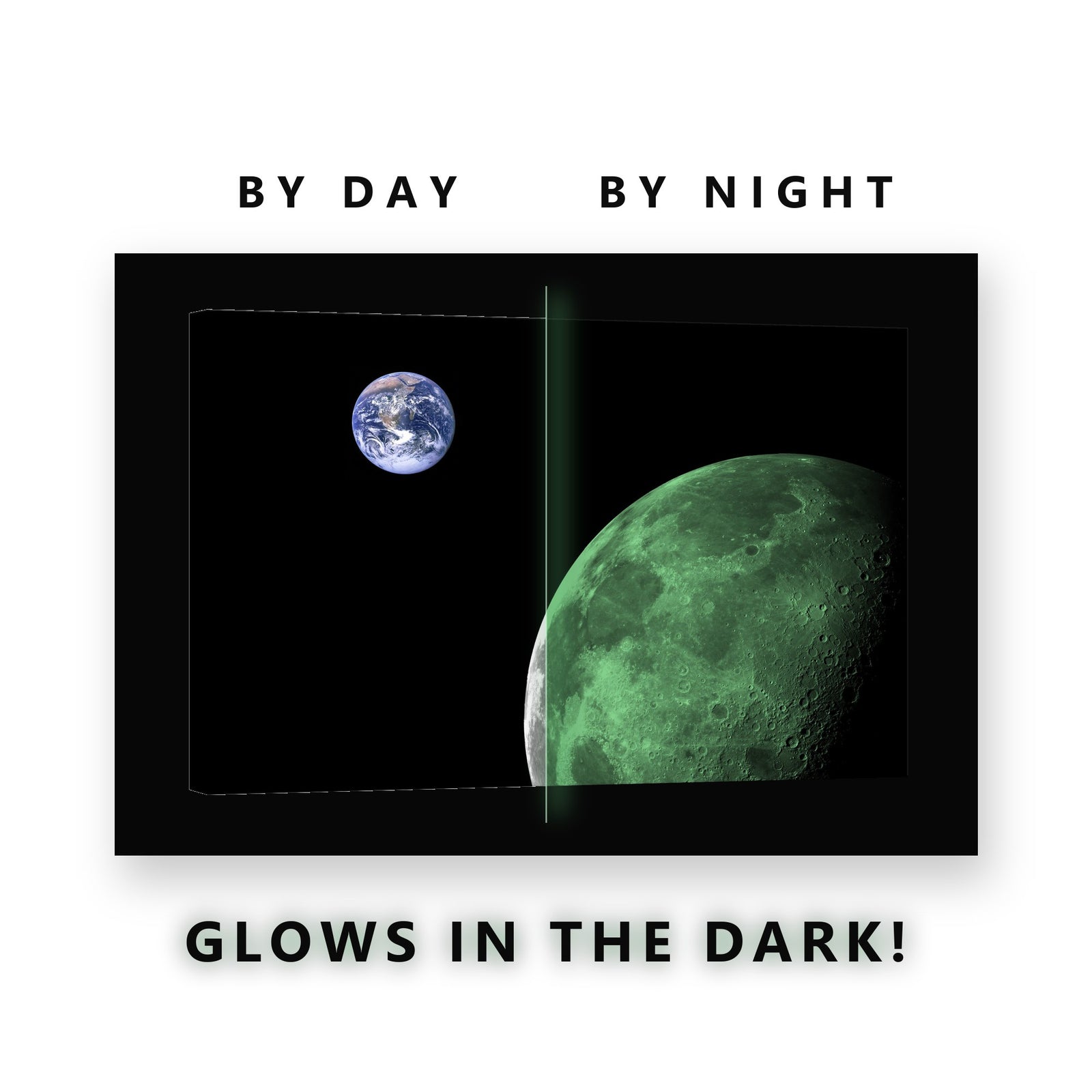 Earth and Moon Together Glow in the Dark Canvas Wall Art Home Office, glowing at night