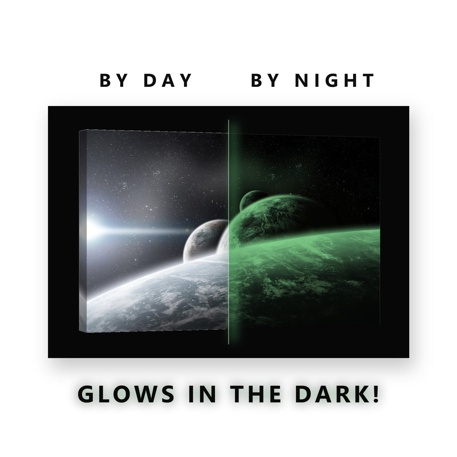 Two Planets Over the Horizon Glow in the Dark Canvas Wall Art Kids Room, glowing at night