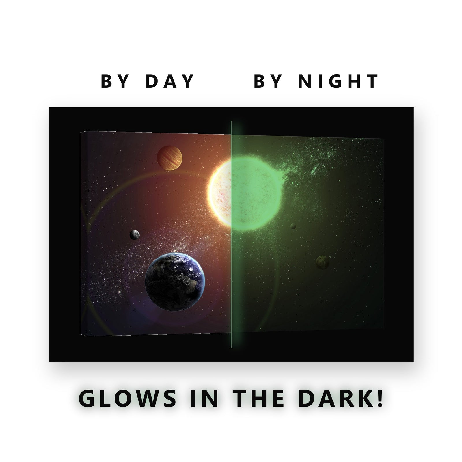 The Sun and Its Planets Glow in the Dark Canvas Wall Art for Kids Room, glowing at night
