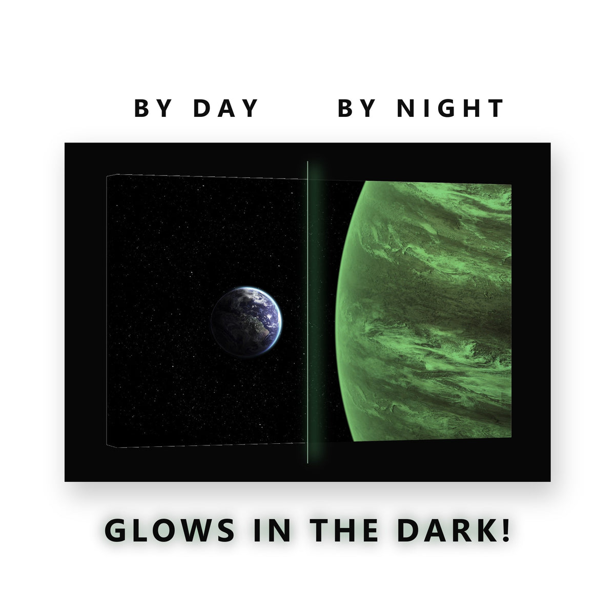 Earth Beside a Gas Giant Glow in the Dark Canvas Wall Art Home Office, glowing at night
