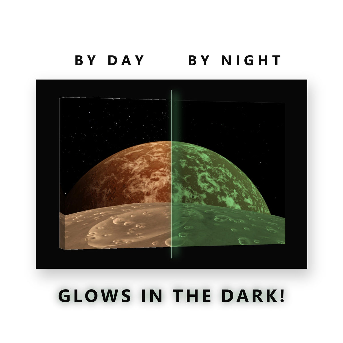 Orange Planet Over a Moon Glow in the Dark Canvas Wall Art Kids Room, glowing at night