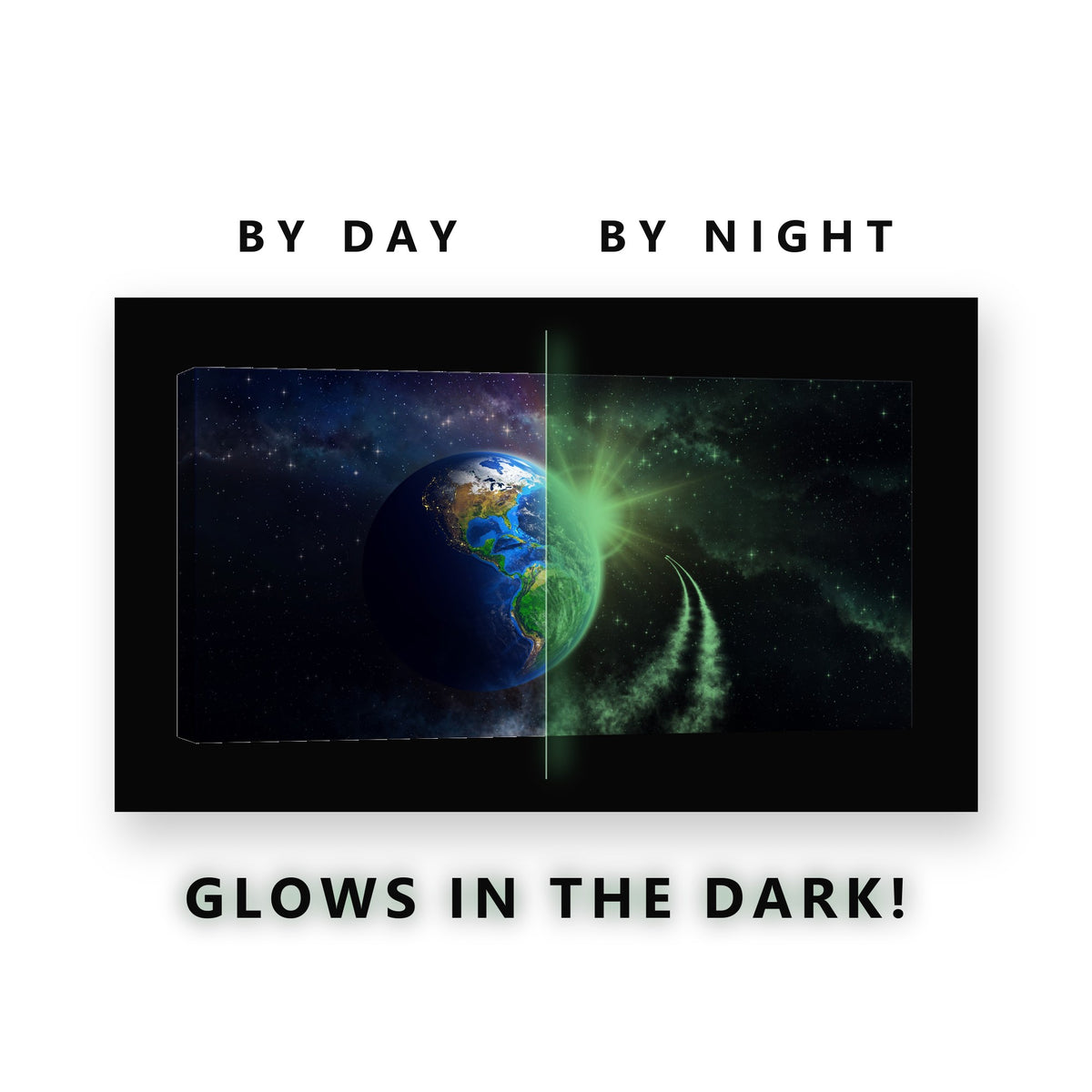 Rocket Leaving the Earth Glow in the Dark Canvas Wall Art for Kids Room, glowing at night