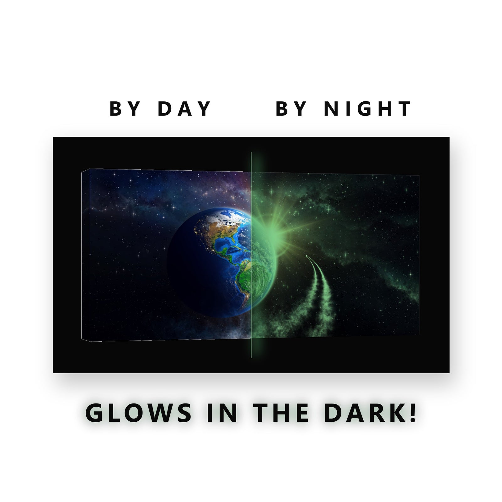 Rocket Leaving the Earth Glow in the Dark Canvas Wall Art for Kids Room, glowing at night