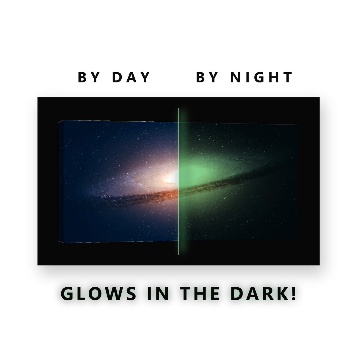 Tilted Spiral Galaxy Glow in the Dark Canvas Wall Art for Living Room, glowing at night