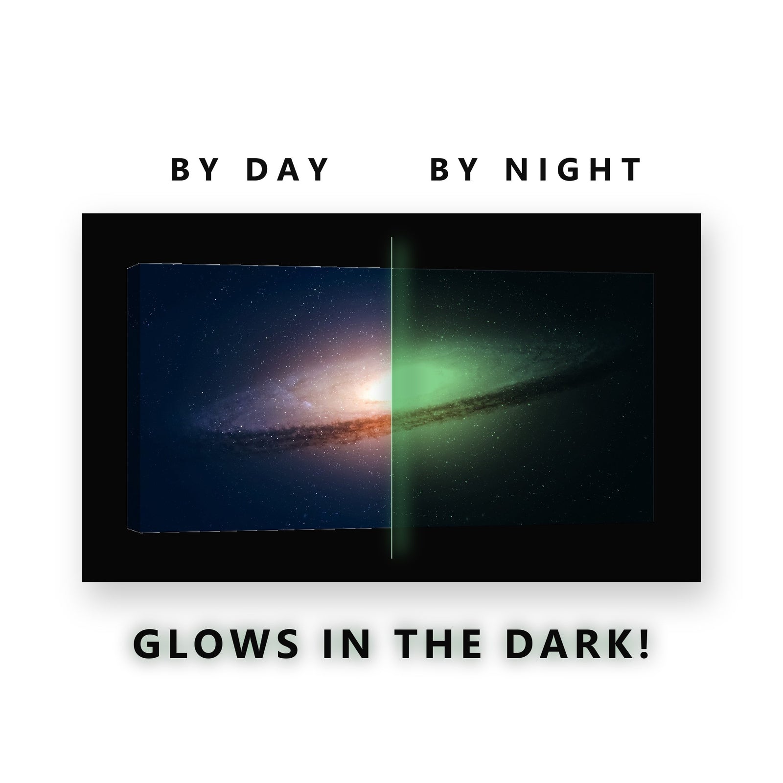 Tilted Spiral Galaxy Glow in the Dark Canvas Wall Art for Living Room, glowing at night