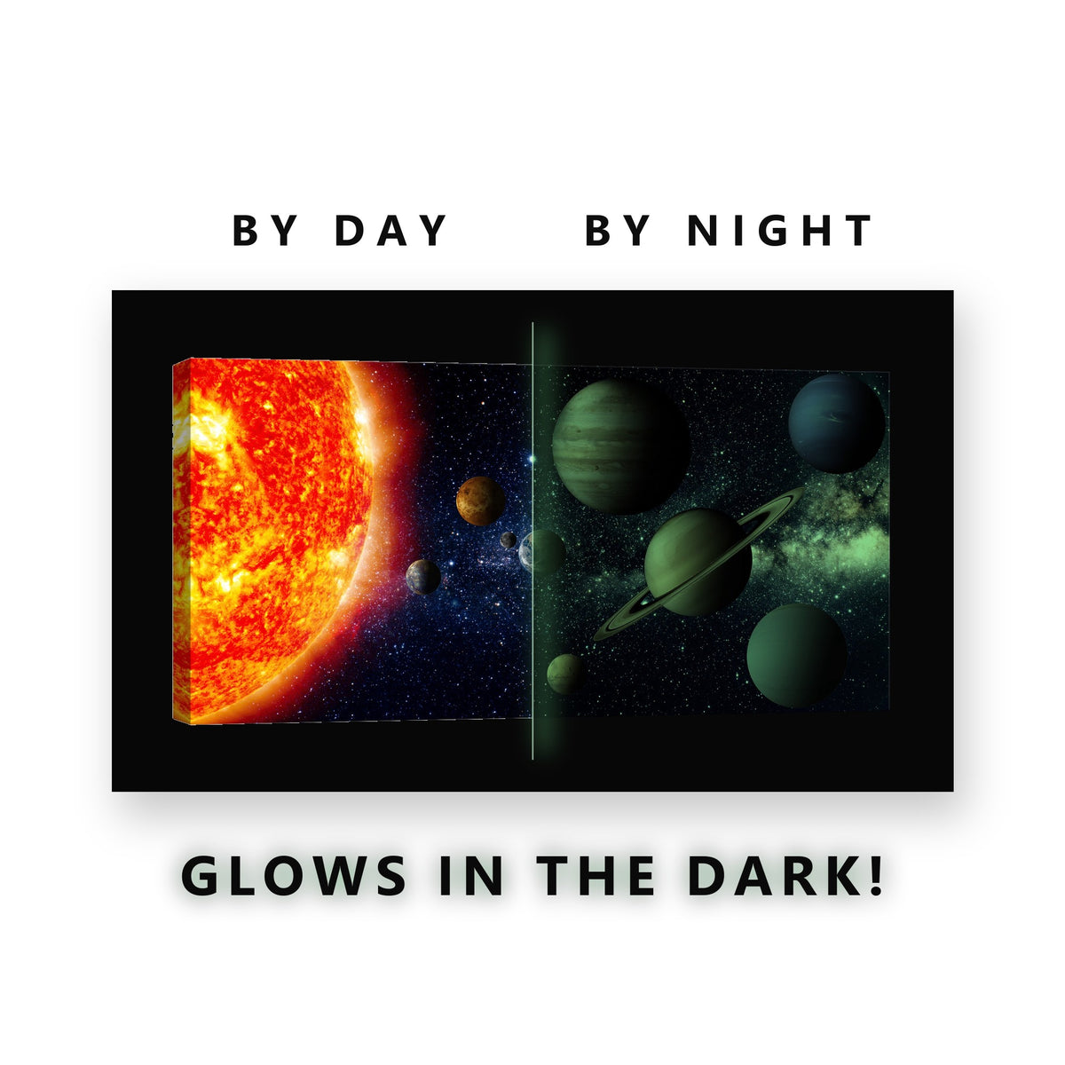 The Sun and the Planets Glow in the Dark Canvas Wall Art for Kids Room, glowing at night