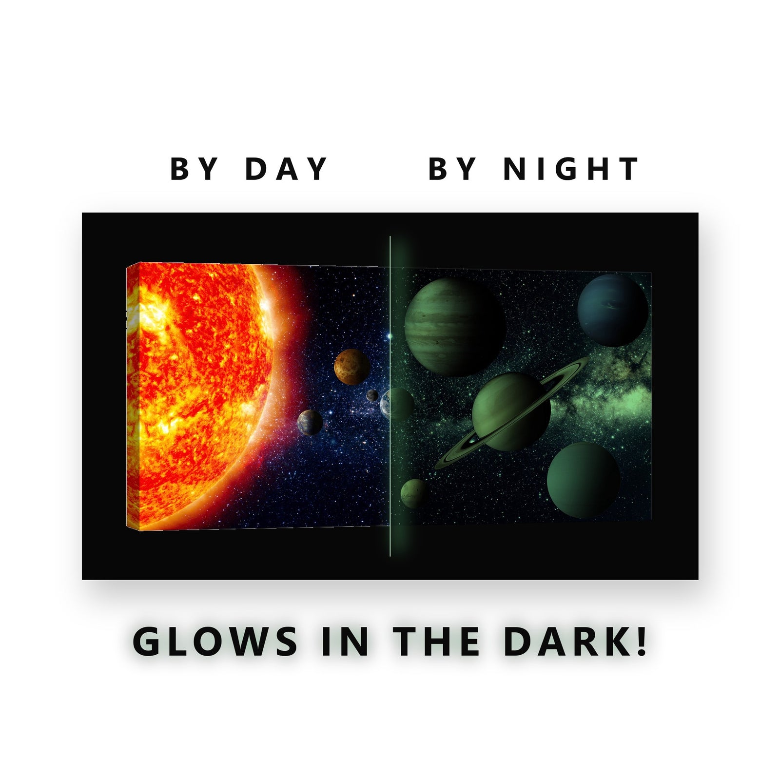 The Sun and the Planets Glow in the Dark Canvas Wall Art for Kids Room, glowing at night