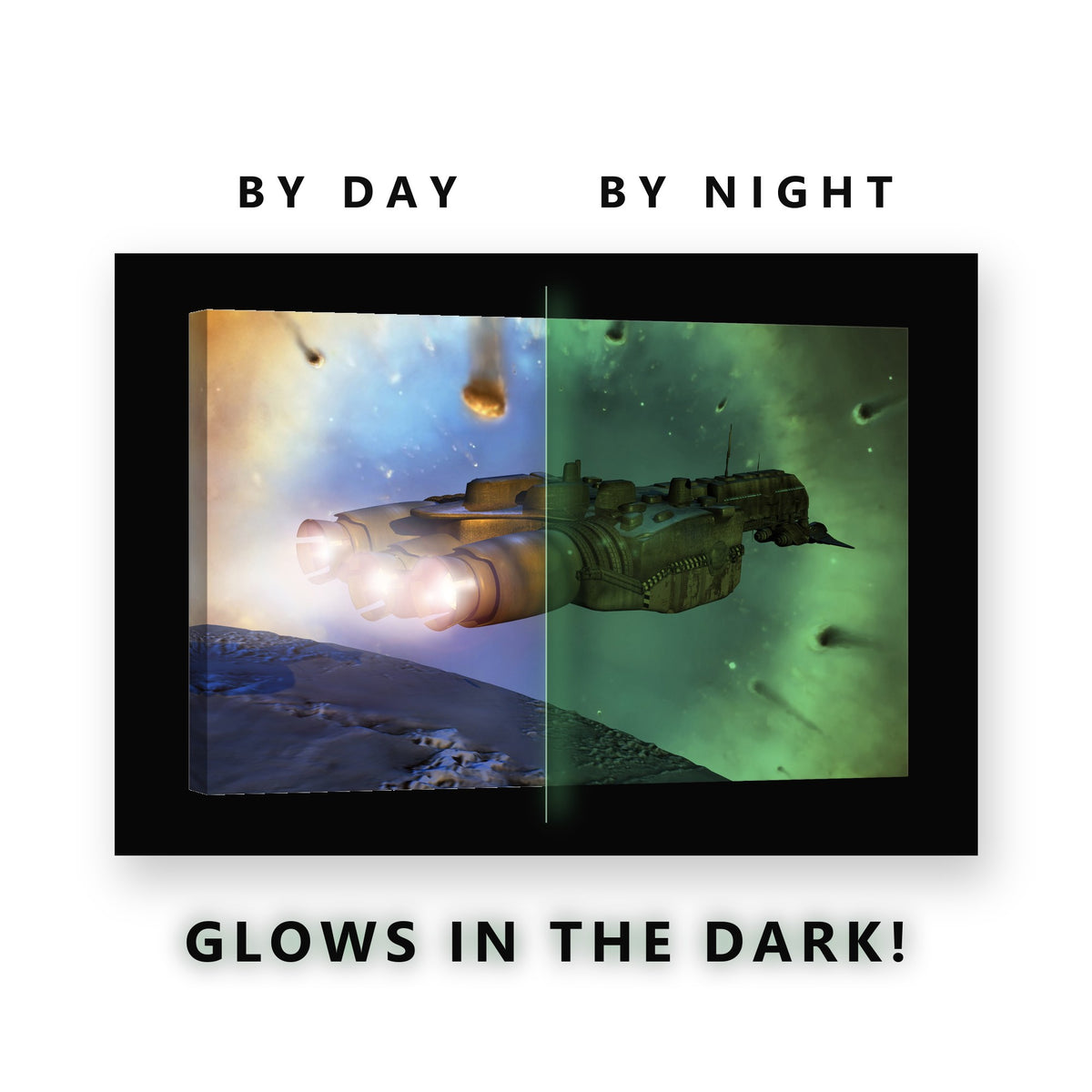Spaceship Over an Icy Planet Glow in the Dark Canvas Wall Art Kids Room, glowing at night
