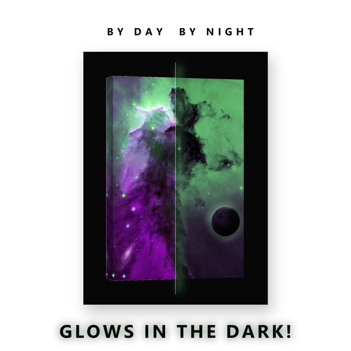 Purple and Green Nebula Glow in the Dark Canvas Wall Art for Bedroom, glowing at night