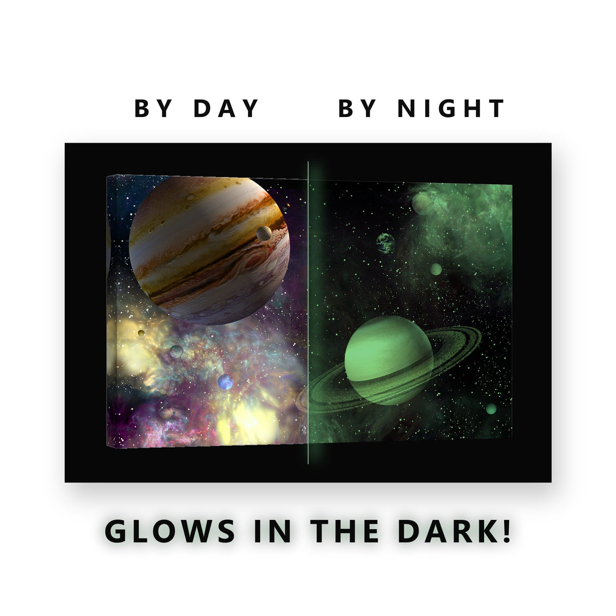 Jupiter and Saturn in Nebula Glow in the Dark Canvas Wall Art Kids Room, glowing at night