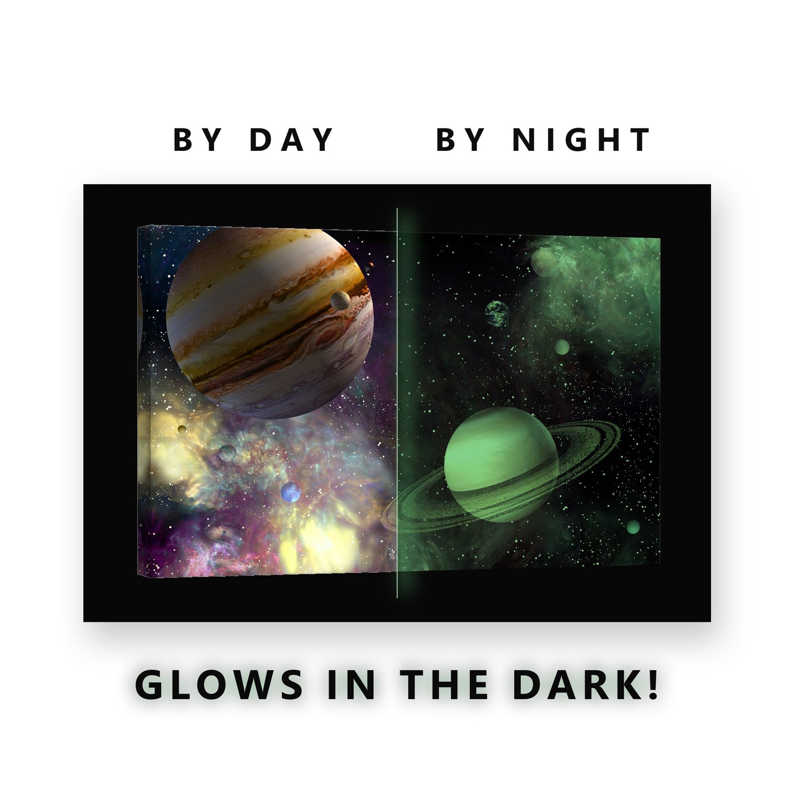 Jupiter and Saturn in Nebula Glow in the Dark Canvas Wall Art Kids Room, glowing at night