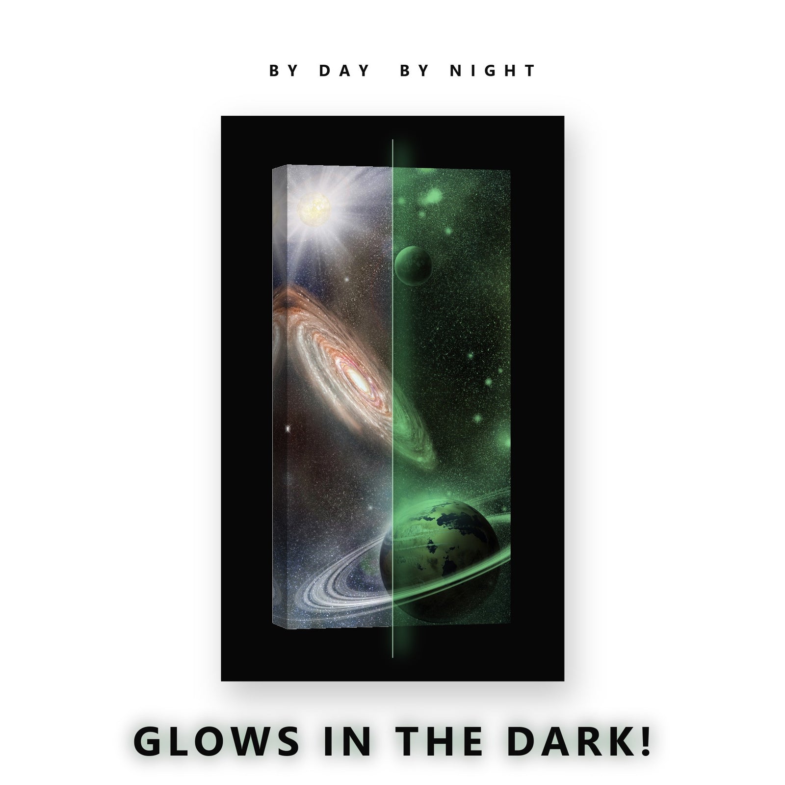 Galaxy Above a Ringed Planet Glow in the Dark Canvas Wall Art Kids Room, glowing at night