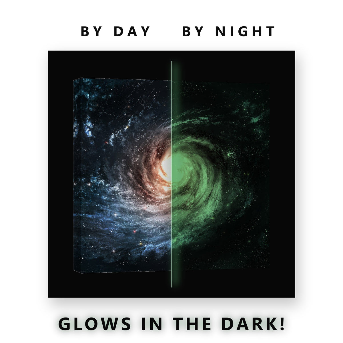 Spiral Galaxy Face On Glow in the Dark Canvas Wall Art for Home Office, glowing at night