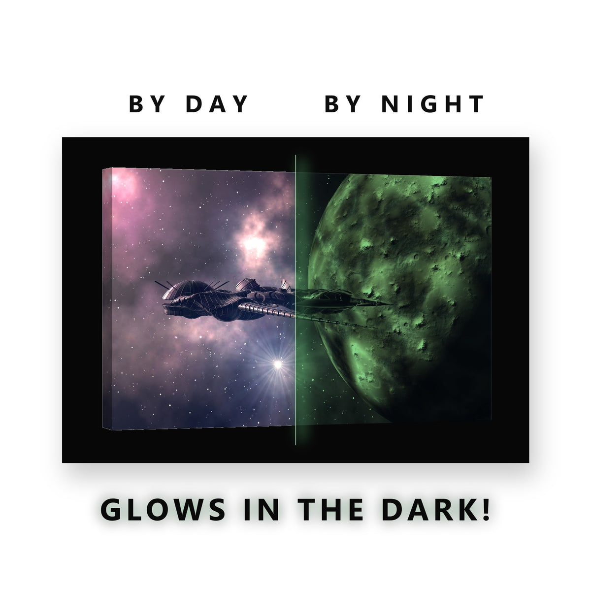 Spaceship Passing a Planet Glow in the Dark Canvas Wall Art Kids Room, glowing at night