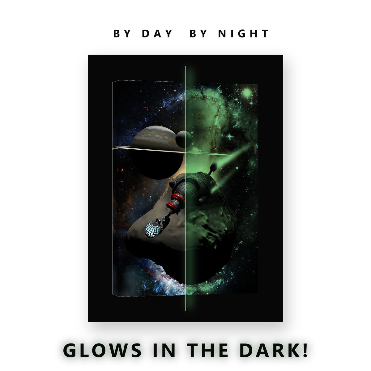 Mining Ship on an Asteroid Glow in the Dark Canvas Wall Art Kids Room, glowing at night