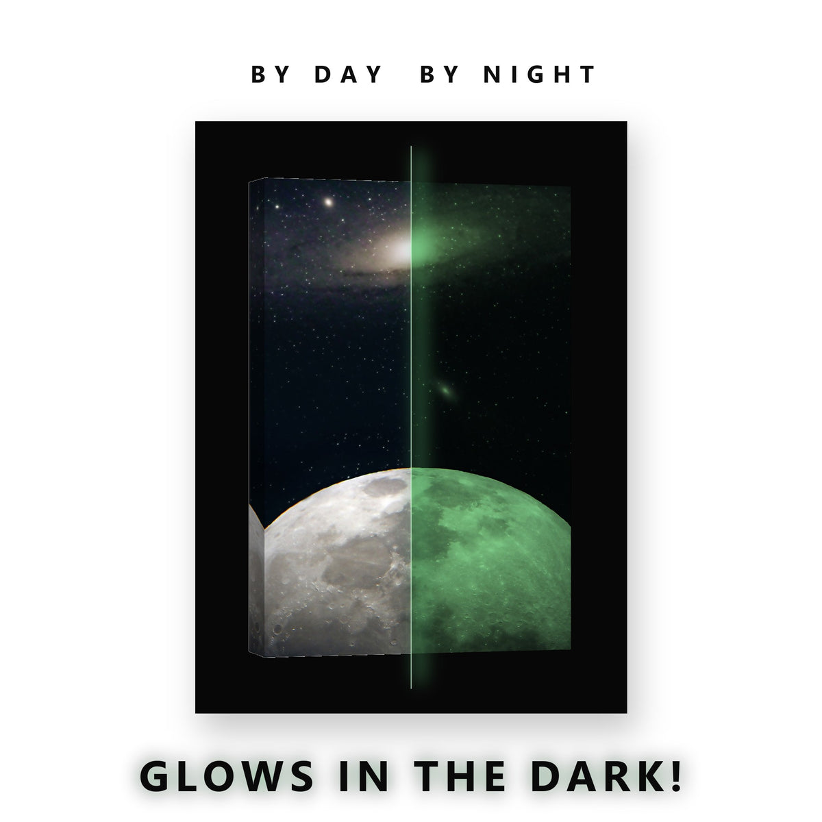 Galaxy Above the Moon Glow in the Dark Canvas Wall Art for Kids Room, glowing at night