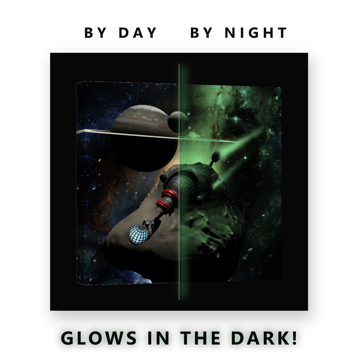 Asteroid Mining Station Glow in the Dark Canvas Wall Art for Kids Room, glowing at night