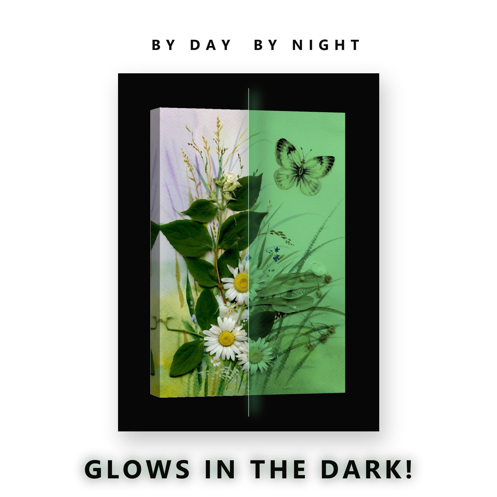 Watercolor Daisies and Butterfly Glow in the Dark Canvas Wall Art Kids, glowing at night