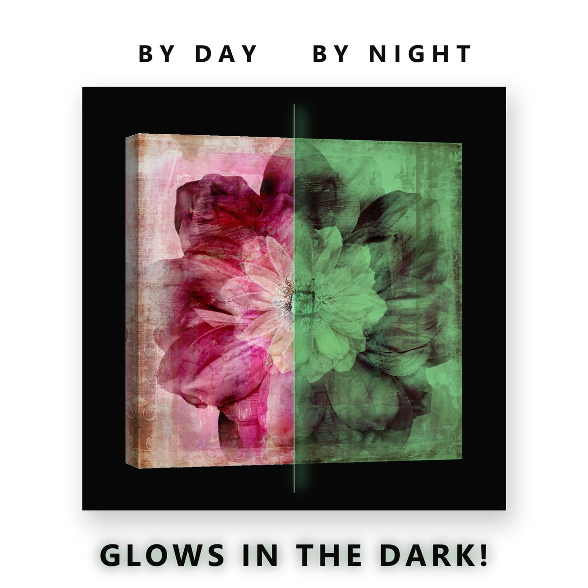 Vintage Pink Dahlia Collage Glow in the Dark Canvas Wall Art Bedroom, glowing at night
