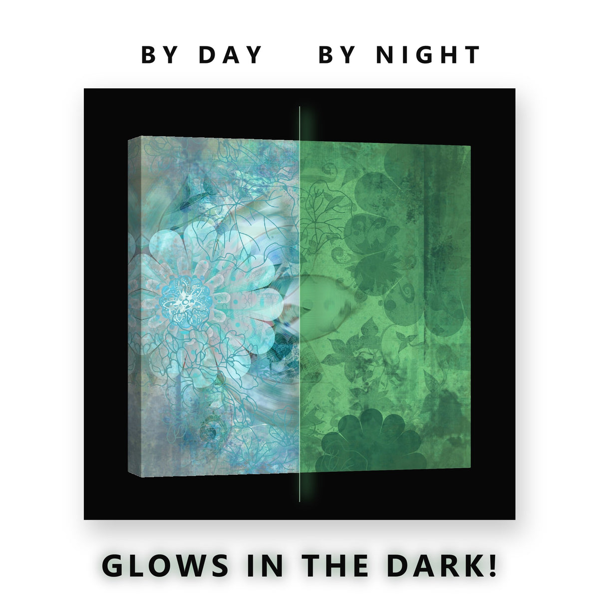 Teal Vintage Floral Pattern Glow in the Dark Canvas Wall Art Living Room, glowing at night