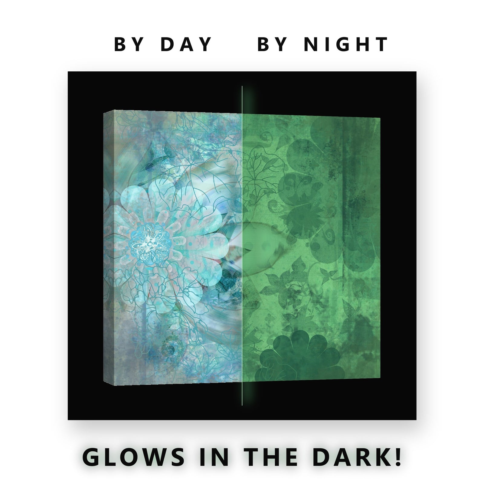 Teal Vintage Floral Pattern Glow in the Dark Canvas Wall Art Living Room, glowing at night