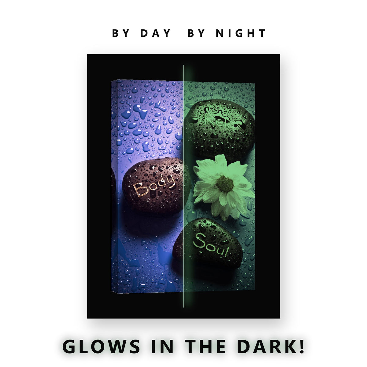 Zen Stones and White Daisy Glow in the Dark Canvas Wall Art for Spa, glowing at night