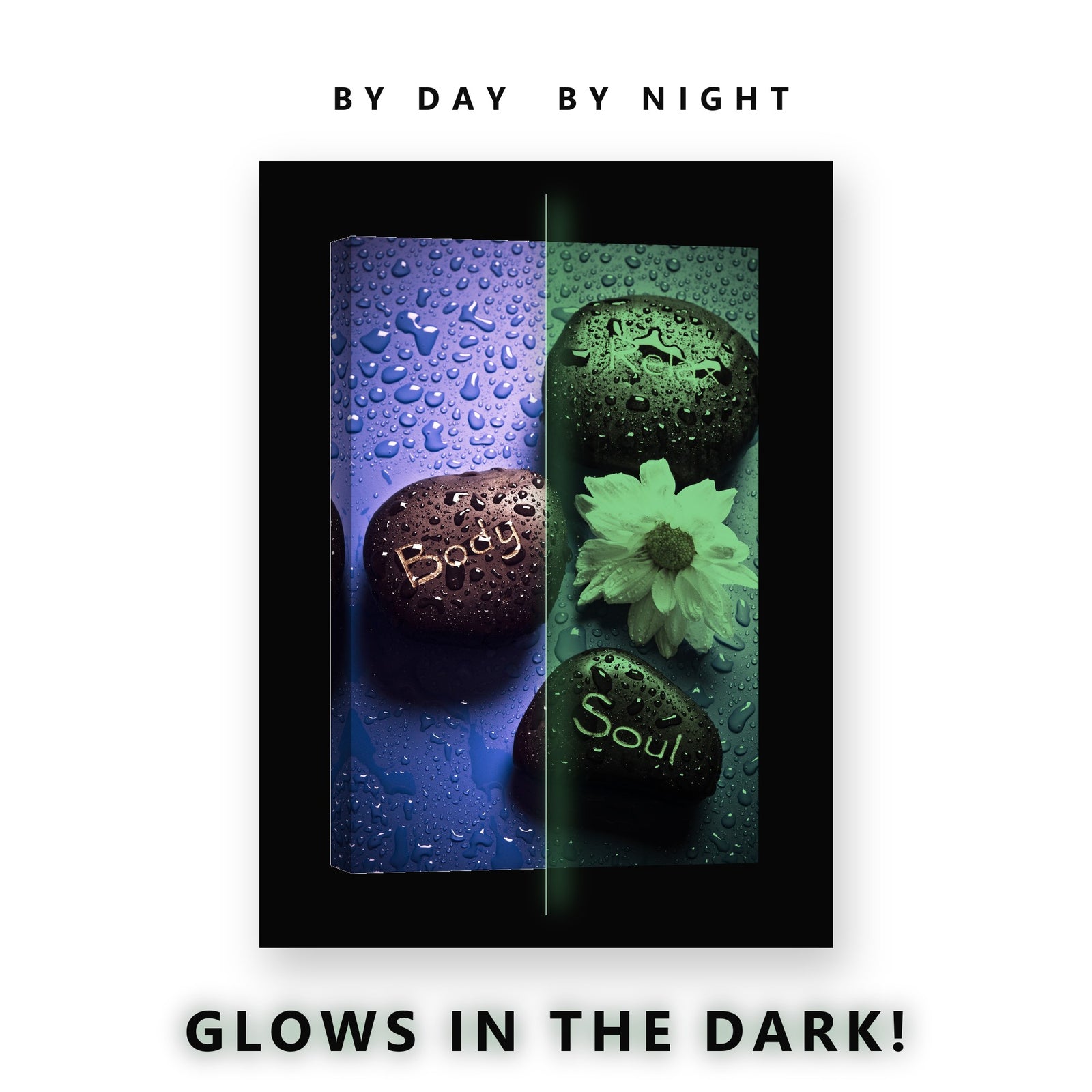 Zen Stones and White Daisy Glow in the Dark Canvas Wall Art for Spa, glowing at night