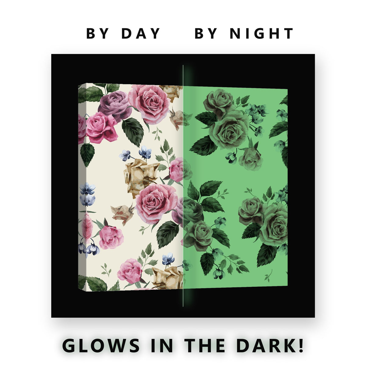 Vintage Rose Pattern Glow in the Dark Canvas Wall Art for Living Room, glowing at night