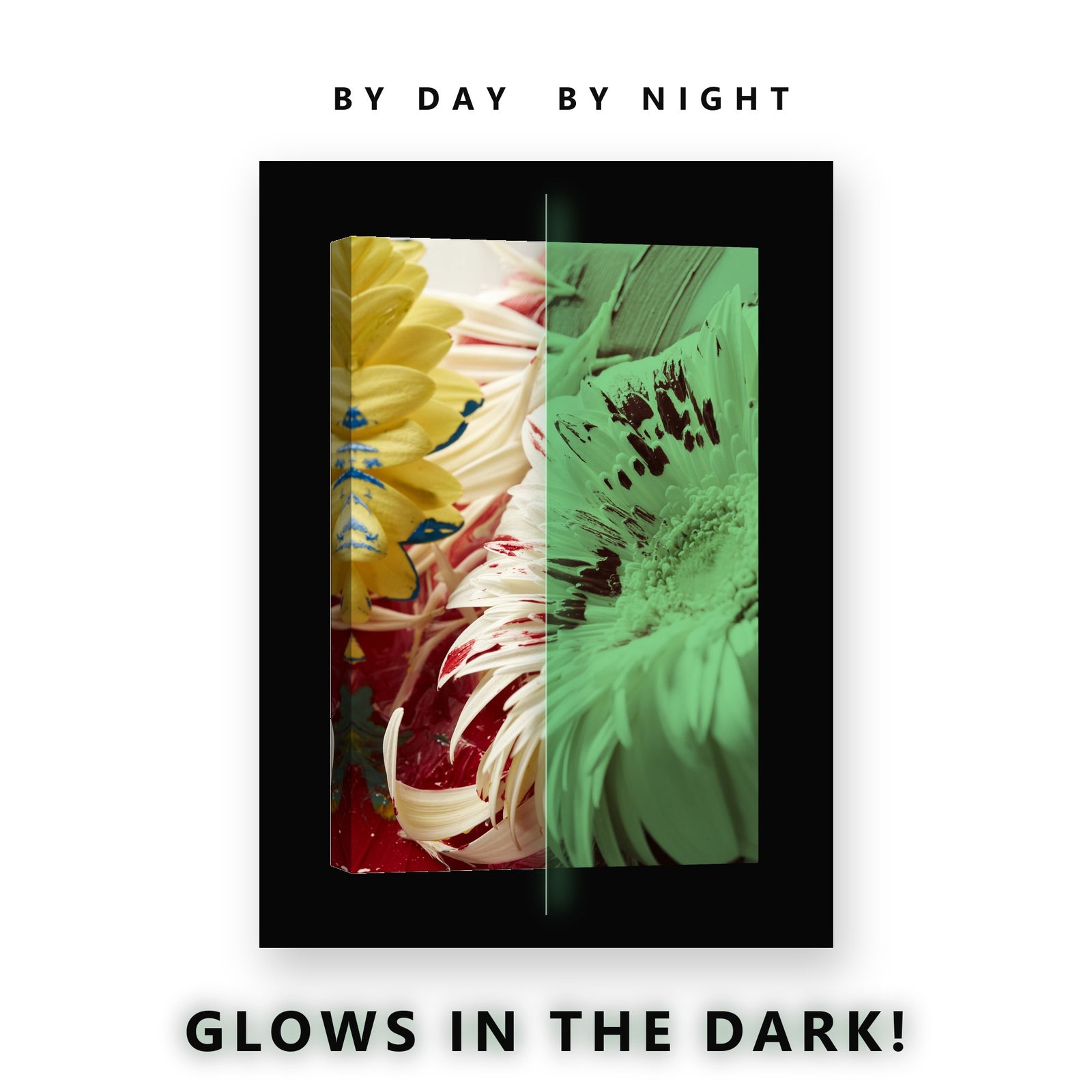 Red Splashed White Gerbera Glow in the Dark Canvas Wall Art Kitchen, glowing at night