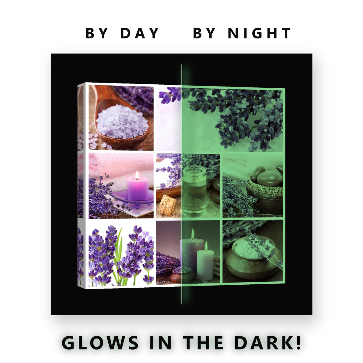 Lavender Spa Collage Glow in the Dark Canvas Wall Art for Bathroom, glowing at night