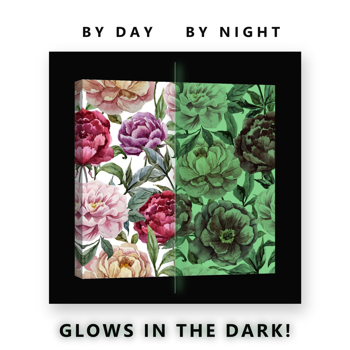 Watercolor Peony Pattern Glow in the Dark Canvas Wall Art for Bedroom, glowing at night