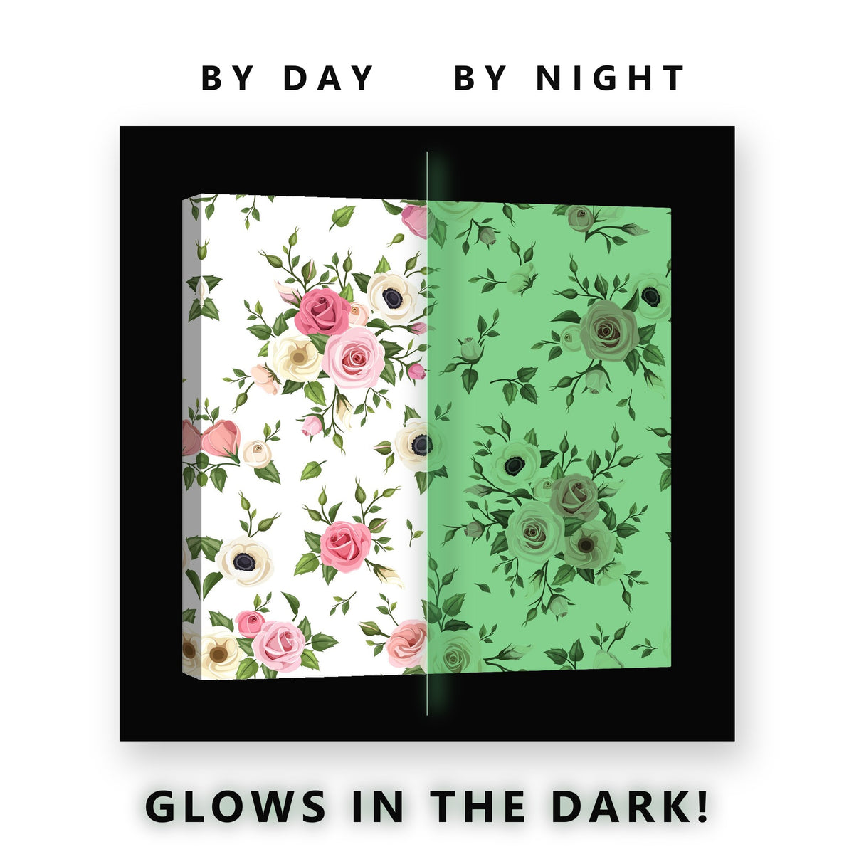Pink Rose and Anemone Pattern Glow in the Dark Canvas Wall Art Kids, glowing at night