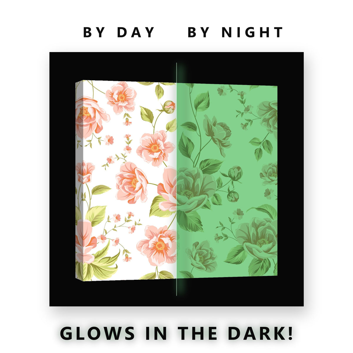 Peach Rose Pattern Glow in the Dark Canvas Wall Art for Living Room, glowing at night