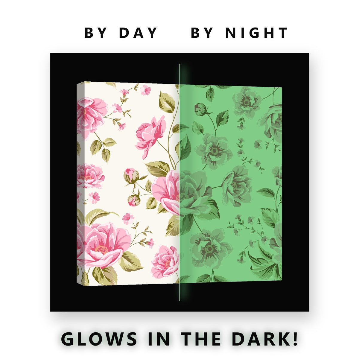 Pink Rose Bouquet Pattern Glow in the Dark Canvas Wall Art for Kids, glowing at night