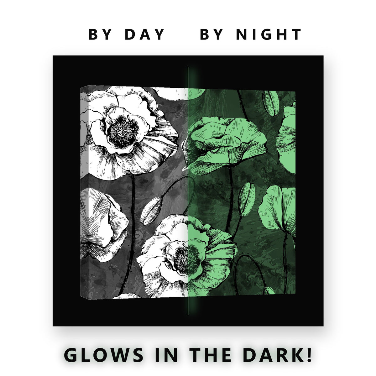 Black and White Poppy Sketch Glow in the Dark Canvas Wall Art Office, glowing at night