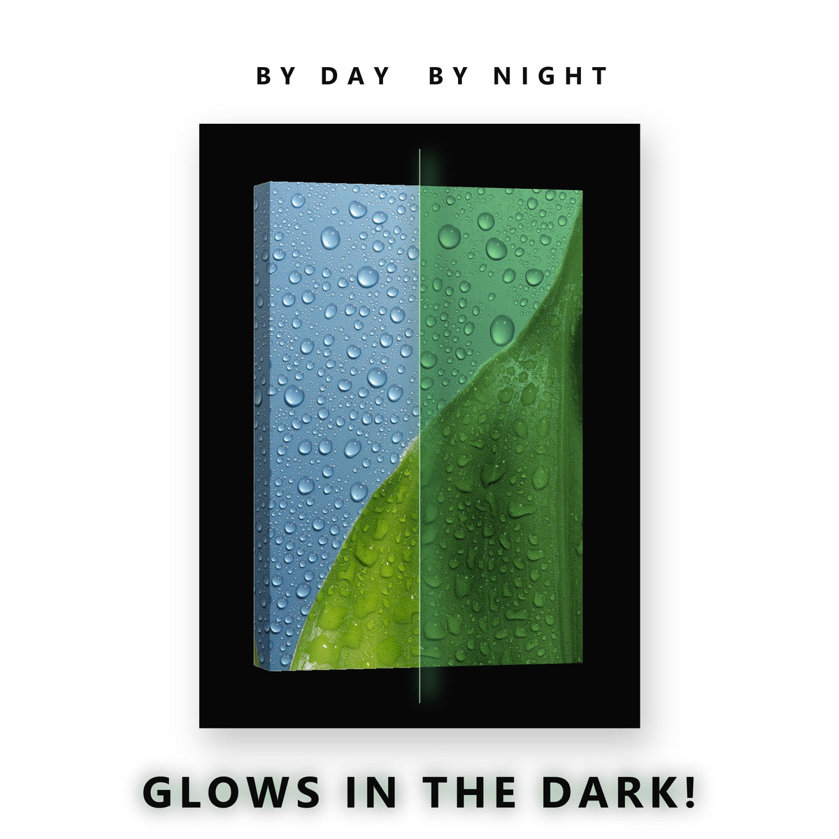 Green Leaf and Water Drops Glow in the Dark Canvas Wall Art Bathroom, glowing at night