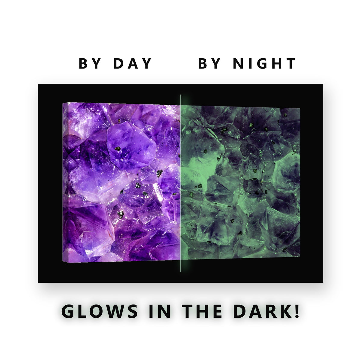 Purple Amethyst Crystals Glow in the Dark Canvas Wall Art for Bedroom, glowing at night
