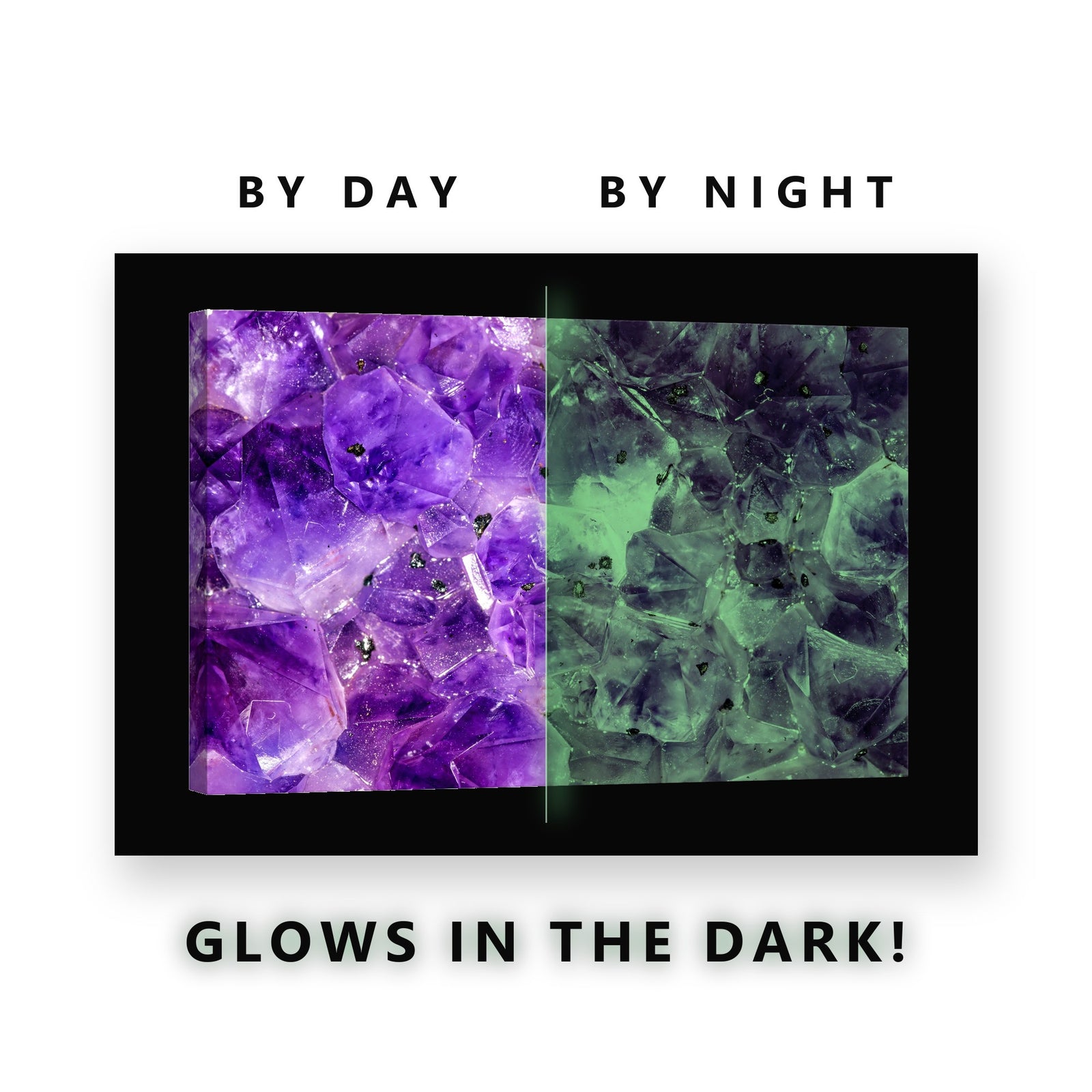 Purple Amethyst Crystals Glow in the Dark Canvas Wall Art for Bedroom, glowing at night