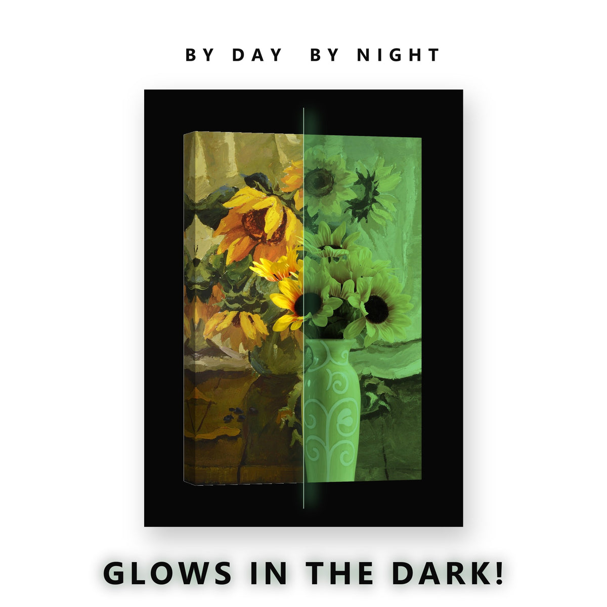 Painted Sunflowers in a Vase Glow in the Dark Canvas Wall Art Kitchen, glowing at night