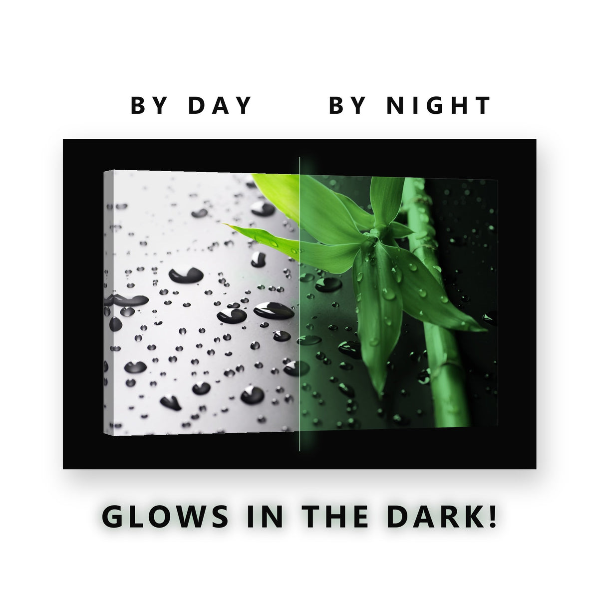 Green Bamboo and Water Drops Glow in the Dark Canvas Wall Art for Spa, glowing at night