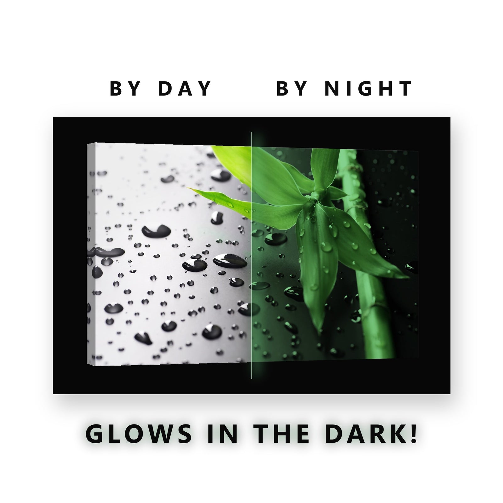 Green Bamboo and Water Drops Glow in the Dark Canvas Wall Art for Spa, glowing at night
