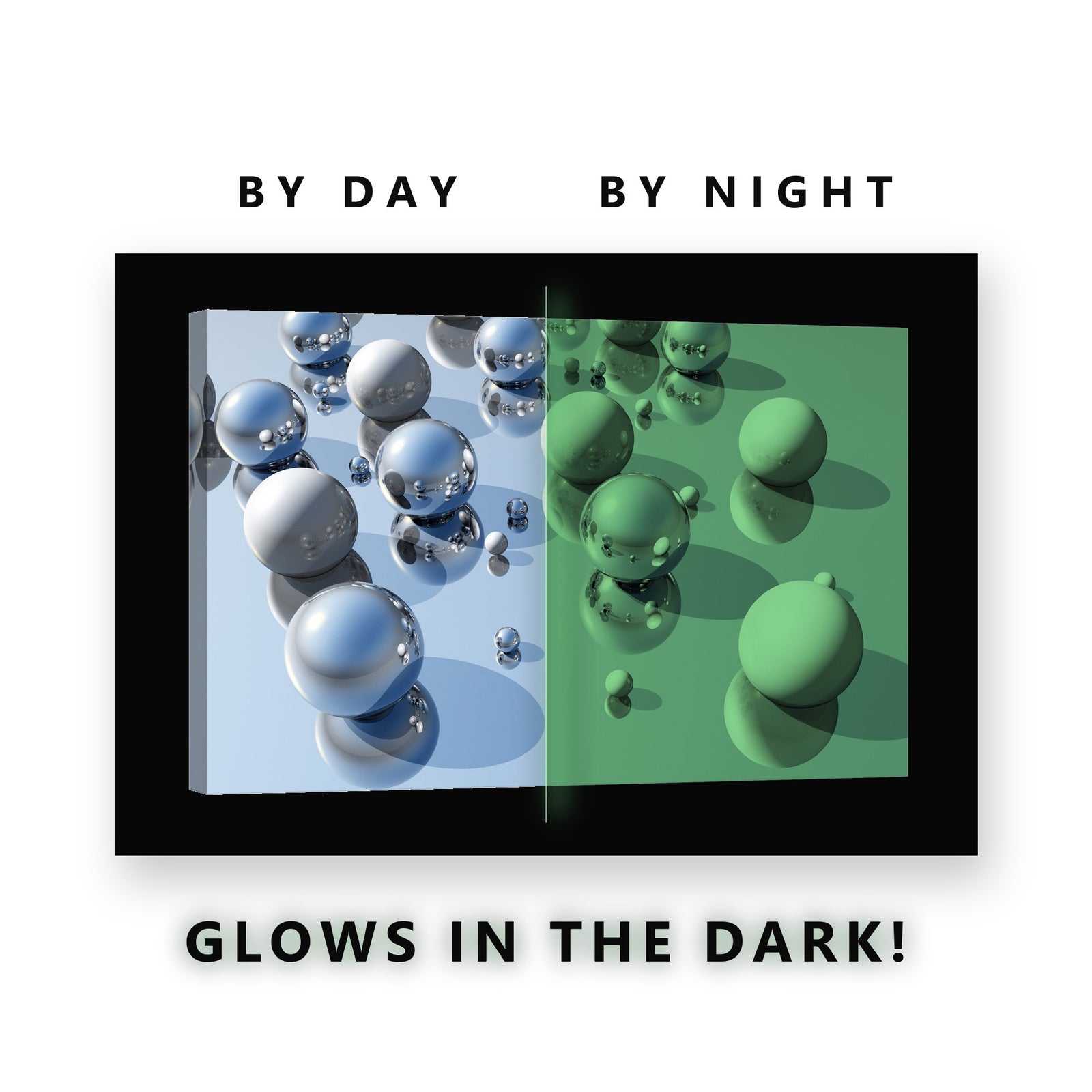 Chrome Spheres on Blue Glow in the Dark Canvas Wall Art Home Office, glowing at night