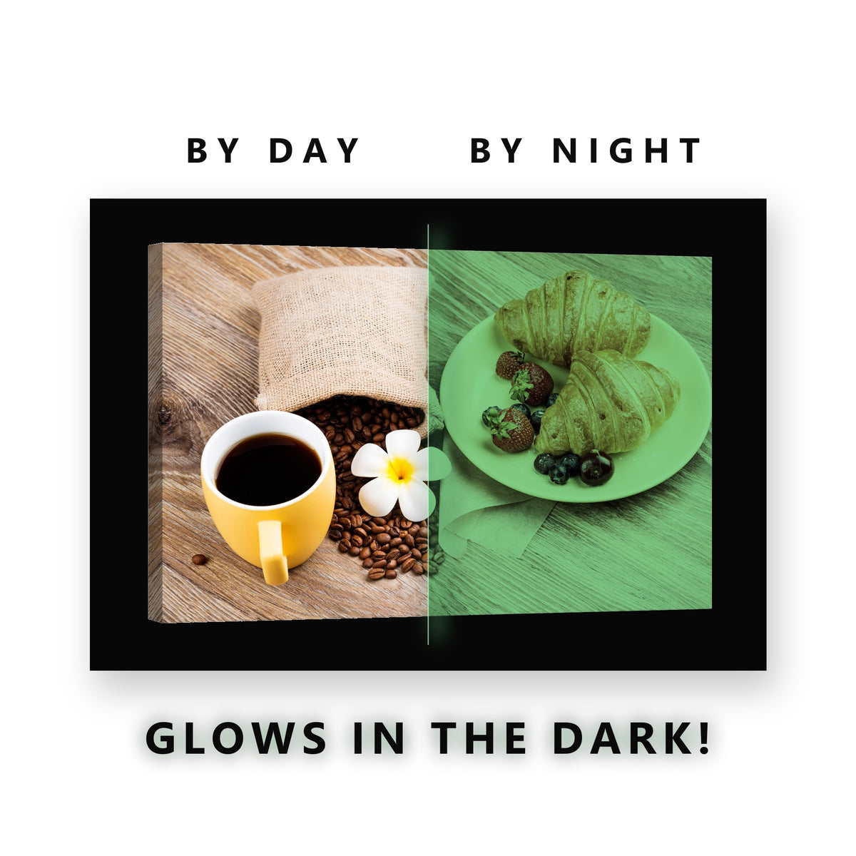 Coffee and Croissant Breakfast Glow in the Dark Canvas Wall Art Kitchen, glowing at night