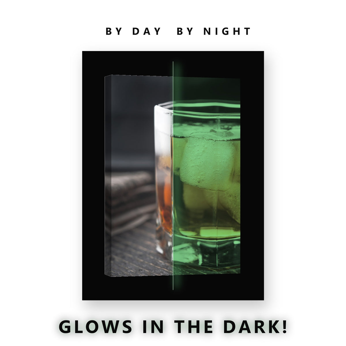 Whiskey on the Rocks Glow in the Dark Canvas Wall Art for Man Cave, glowing at night