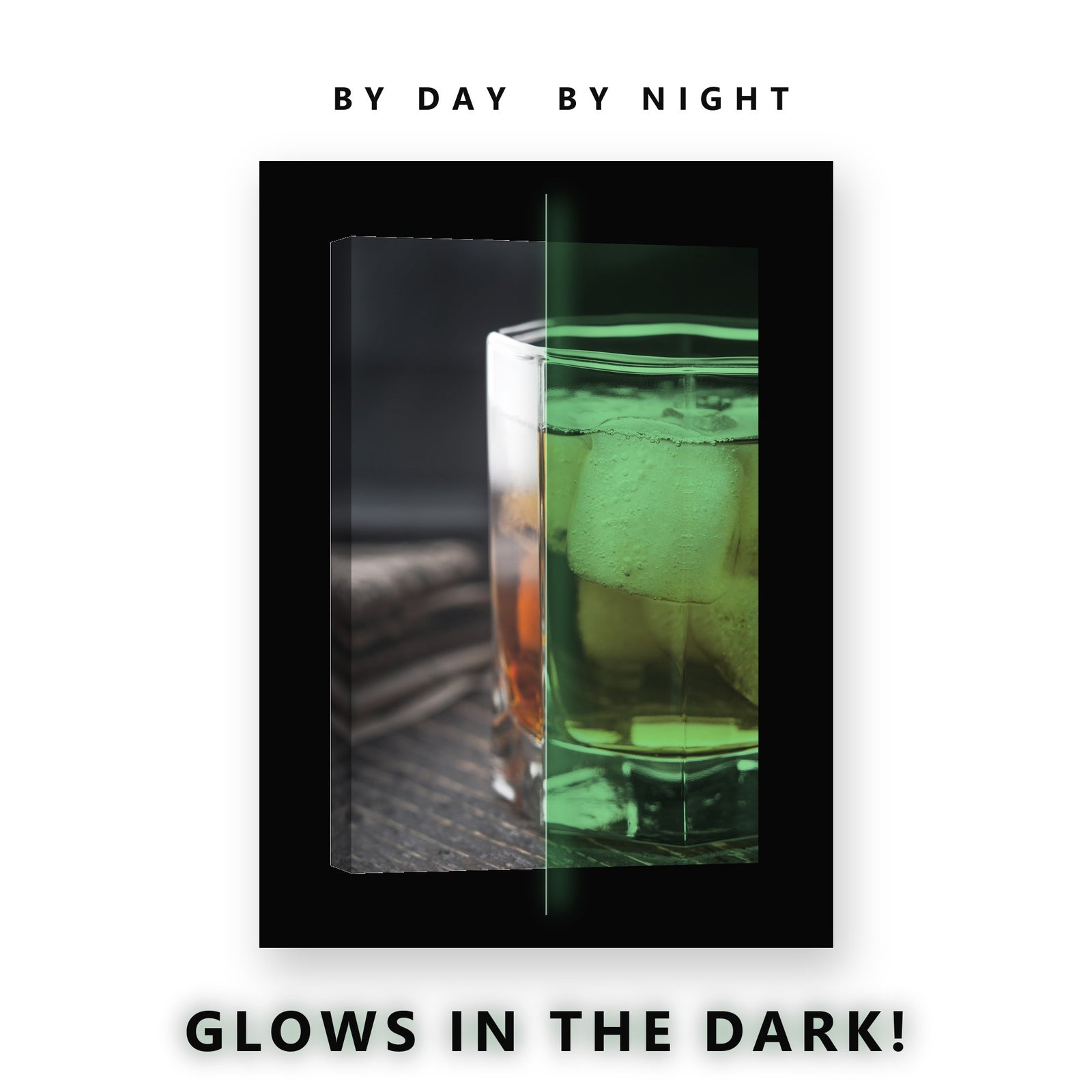 Whiskey on the Rocks Glow in the Dark Canvas Wall Art for Man Cave, glowing at night