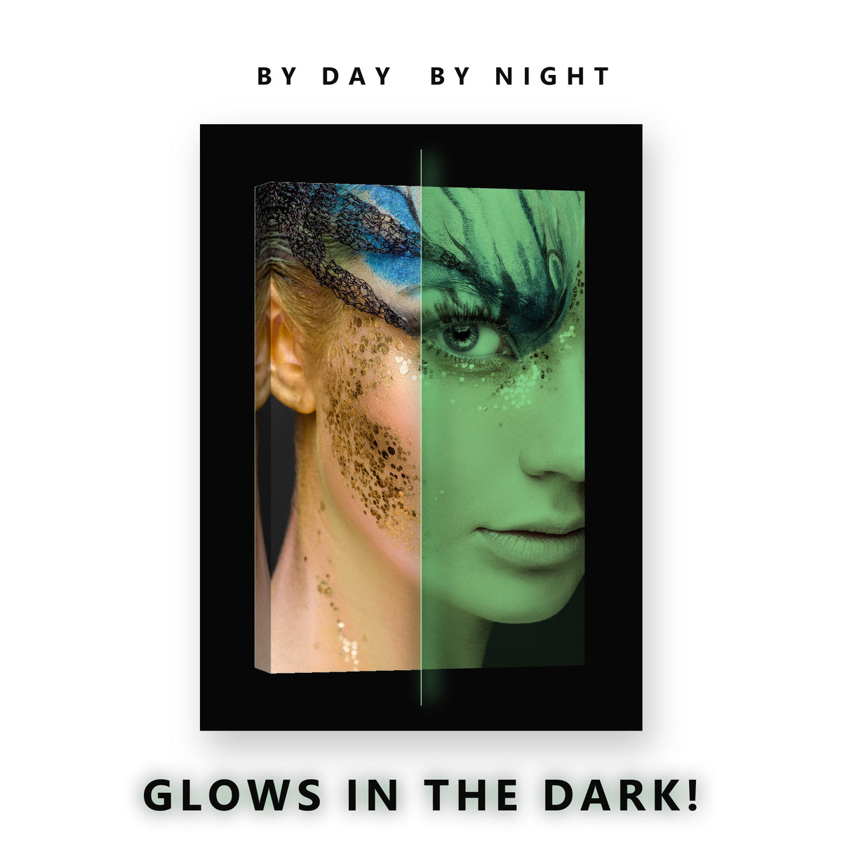 Blue and Gold Art Makeup Glow in the Dark Canvas Wall Art for Bedroom, glowing at night