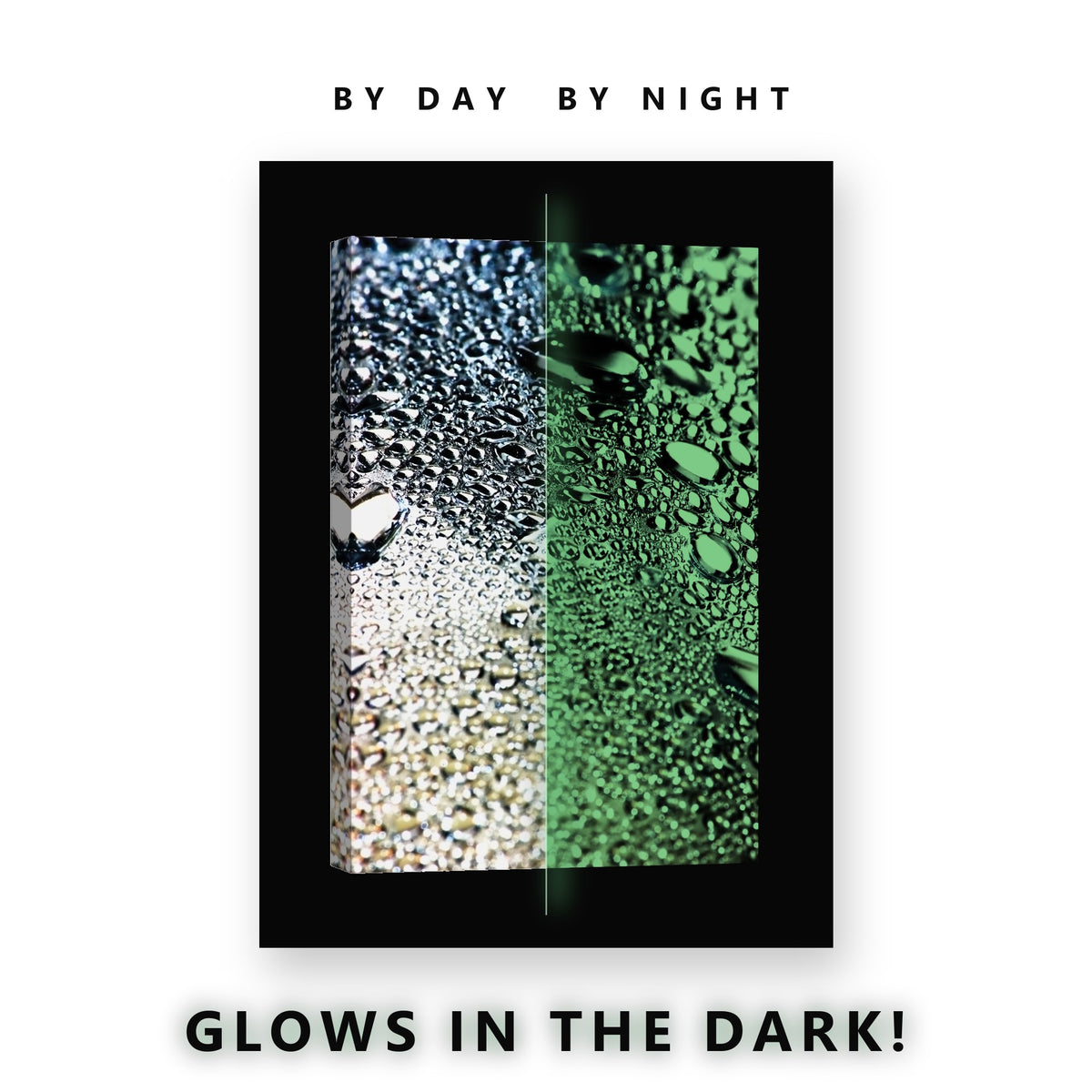 Water Drops on Metal Macro Glow in the Dark Canvas Wall Art Bathroom, glowing at night