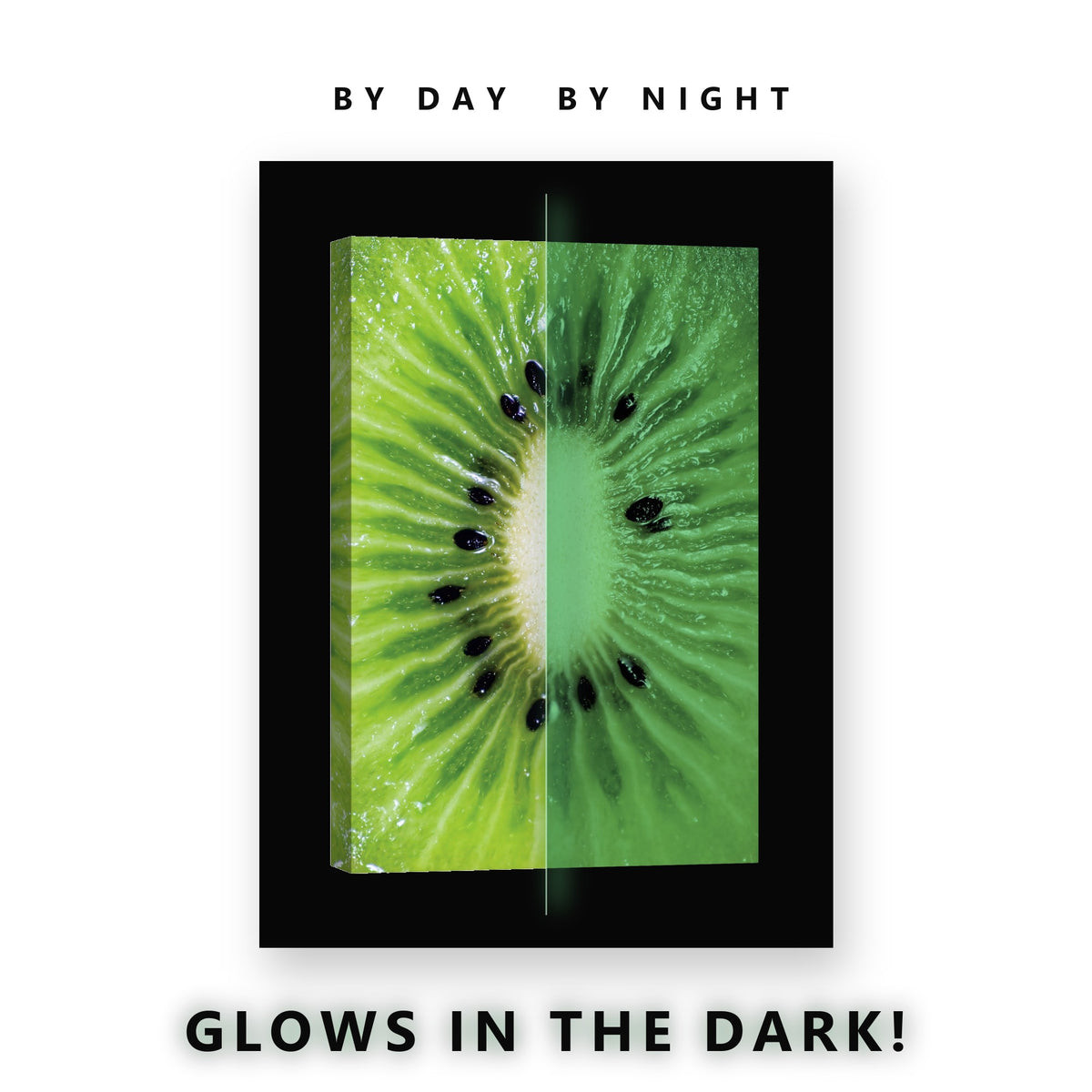 Kiwi Fruit Slice Macro Glow in the Dark Canvas Wall Art for Kitchen, glowing at night
