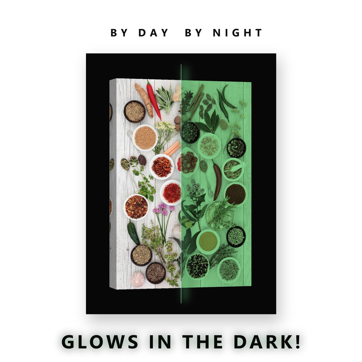 Herbs and Spices Flat Lay Glow in the Dark Canvas Wall Art for Kitchen, glowing at night